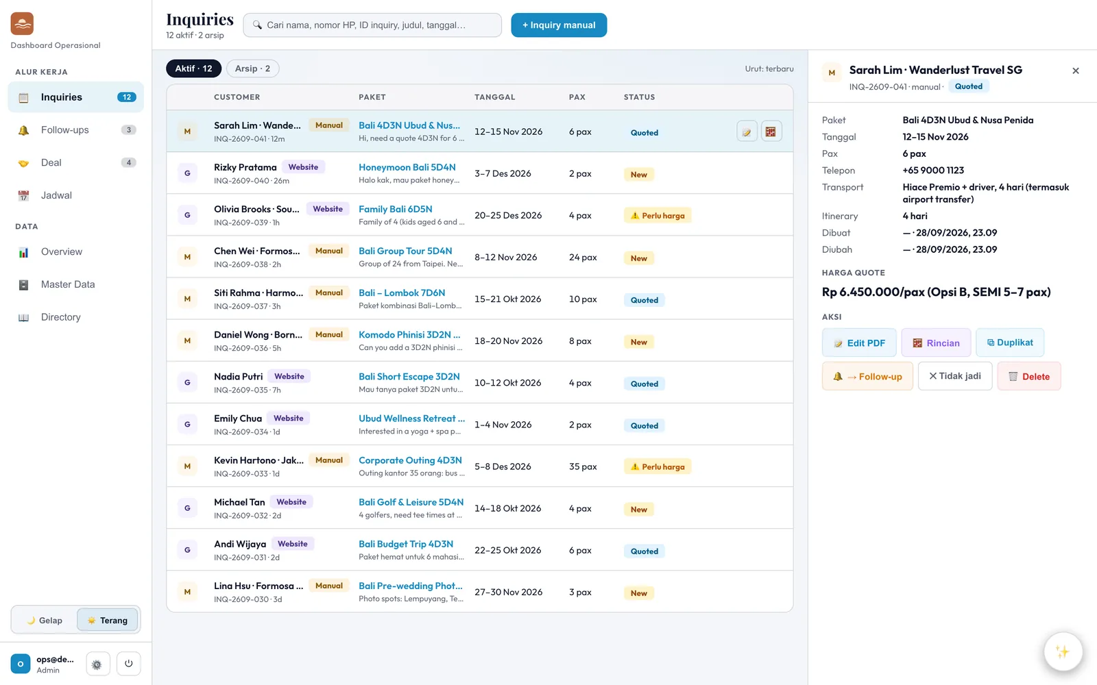 Dashboard Janova Desk: daftar inquiry dari form website dan input manual, dengan panel detail inquiry di sisi kanan
