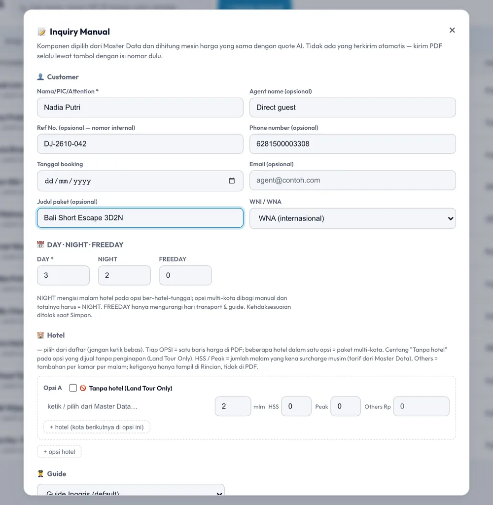 Form Inquiry Manual: data customer, jumlah hari dan malam, serta pilihan hotel dari Master Data