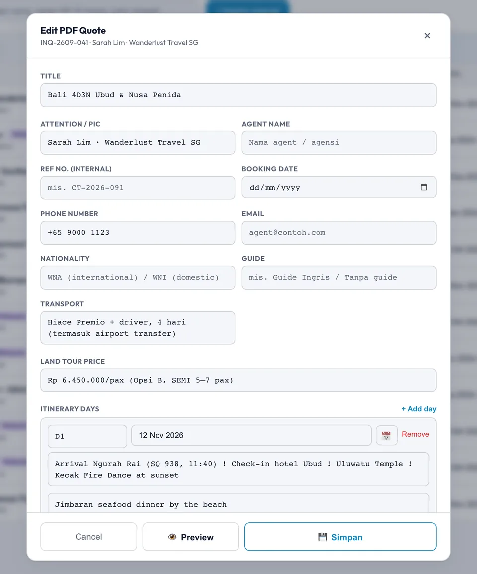 Editor quote PDF: judul paket, harga land tour, transport, dan itinerary harian